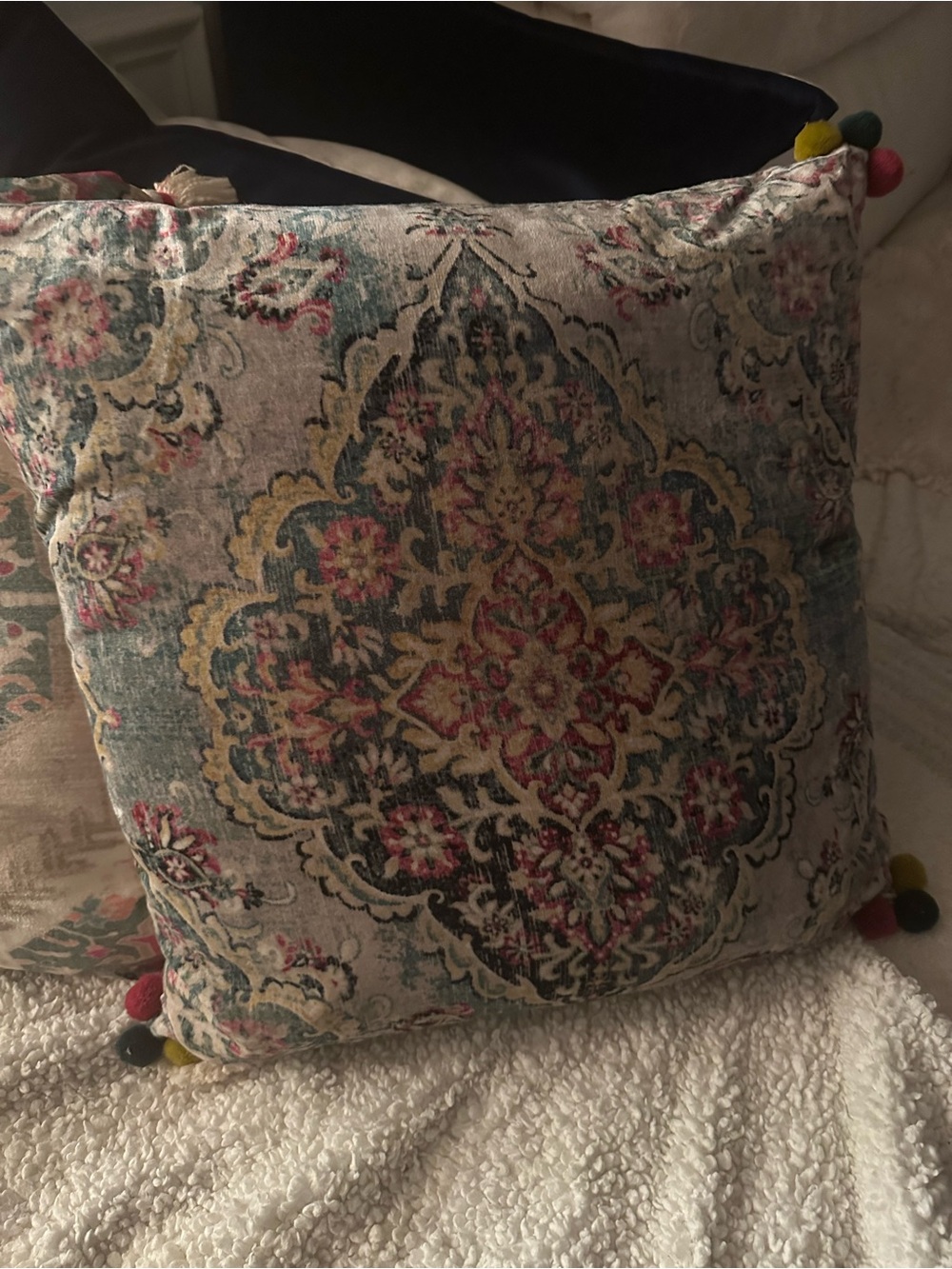 Set of 2 Vintage Boho Tapestry Velvet Throw Pillows - Medallion Tassels Pom Poms - Picture 3 of 4